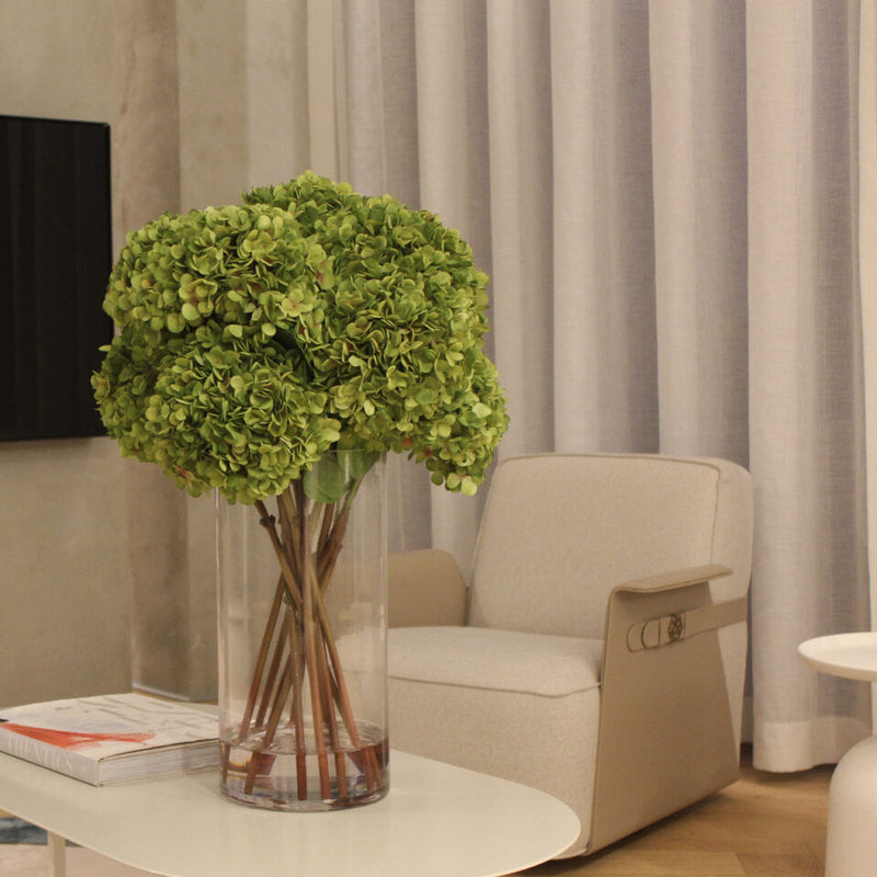 Bouquet D’Hortensias Verts Dans Un Cylindre Verre Haut