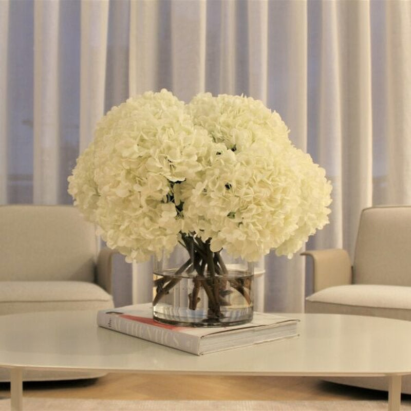 Bouquet D’Hortensias Blancs Dans Un Cylindre En Verre Clair