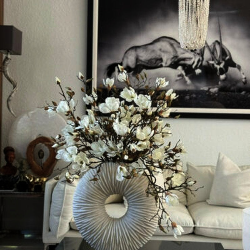 Vase Éternité Mat Beige Avec Magnolias Et Bois Flotté